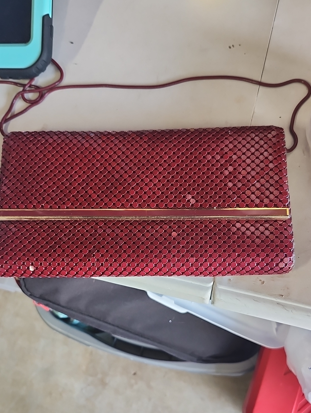 Red Sequin Evening Clutch with Gold Bar Detail